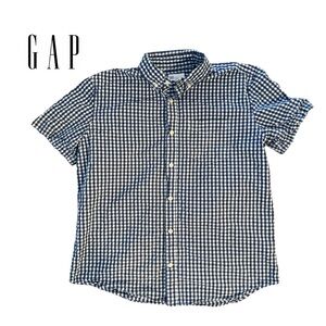 Gap EUC Men’s Seersucker Cotton Poplin Navy Gingham Short Sleeve Shirt S…
